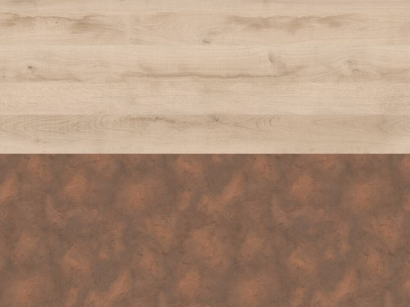 Nischenrückwandplatten K4410 AW Native Oak Light / 45274 AW Cortenstahl