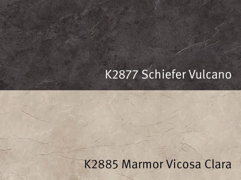 Nischenrückwandplatten K2877 CN Schiefer Vulcano / K2885 CN Marmor Vicosa Clara