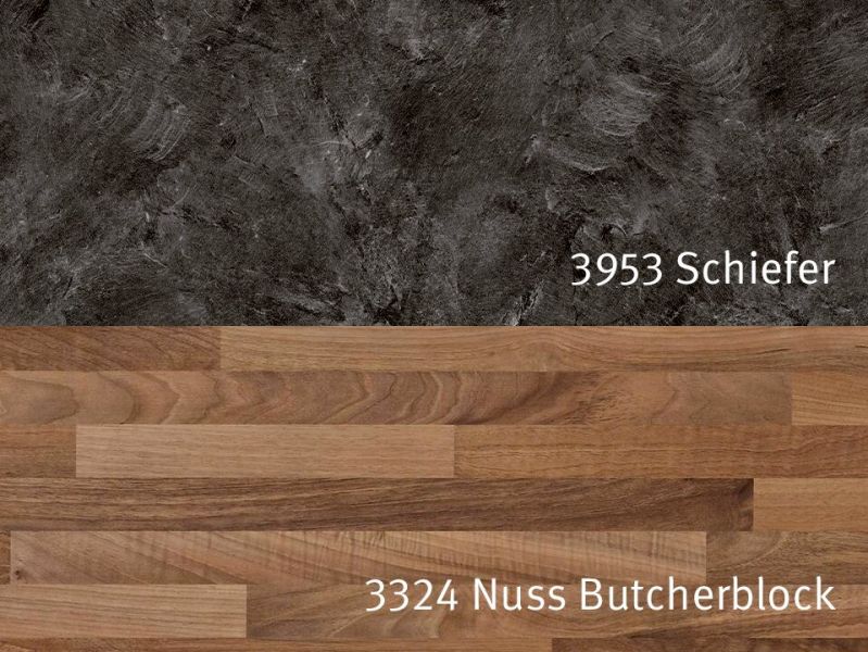 Nischenrückwandplatten 3953 PE Schiefer/ 3324 PE Nuss Butcherblock