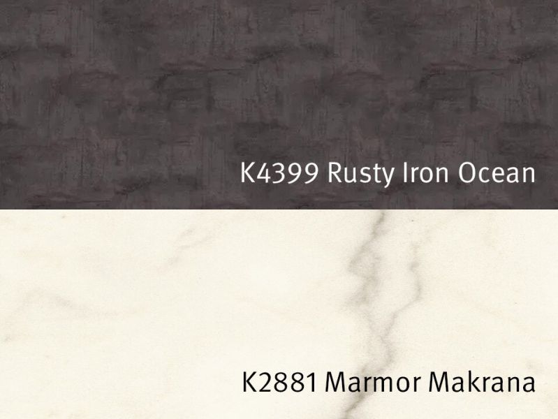 Nischenrückwandplatten K4399 DP Metall Rusty Iron Ocean / K2881 DP Marmor Makrana