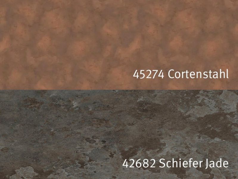 Nischenrückwandplatten 45274 AW Cortenstahl / 42682 DC Schiefer Jade