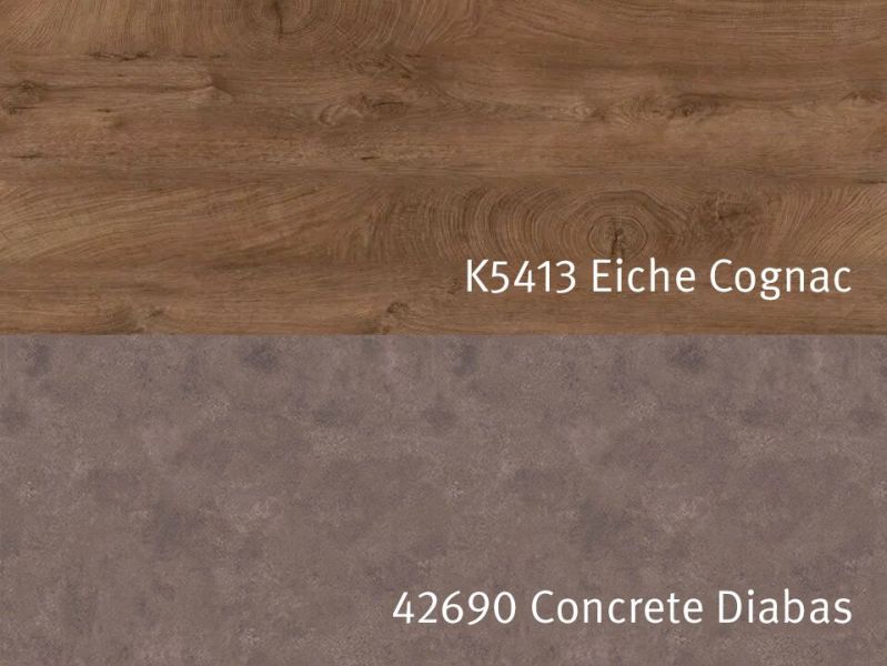 Nischenrückwandplatten K5413 AW Eiche ENDgrain Cognac / 42690 DP Beton Diabas